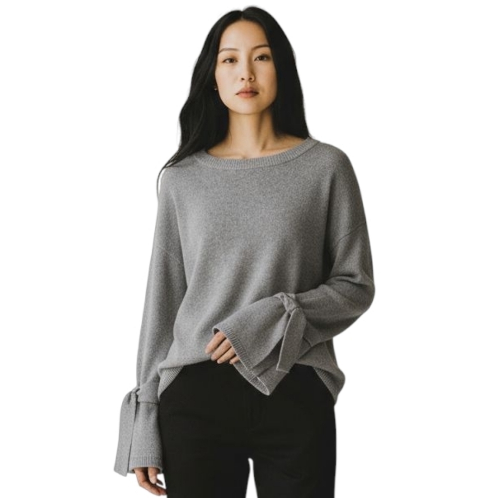 Madewell Heather Gray Crew Neck Sweater with Bow Bell Sleeves